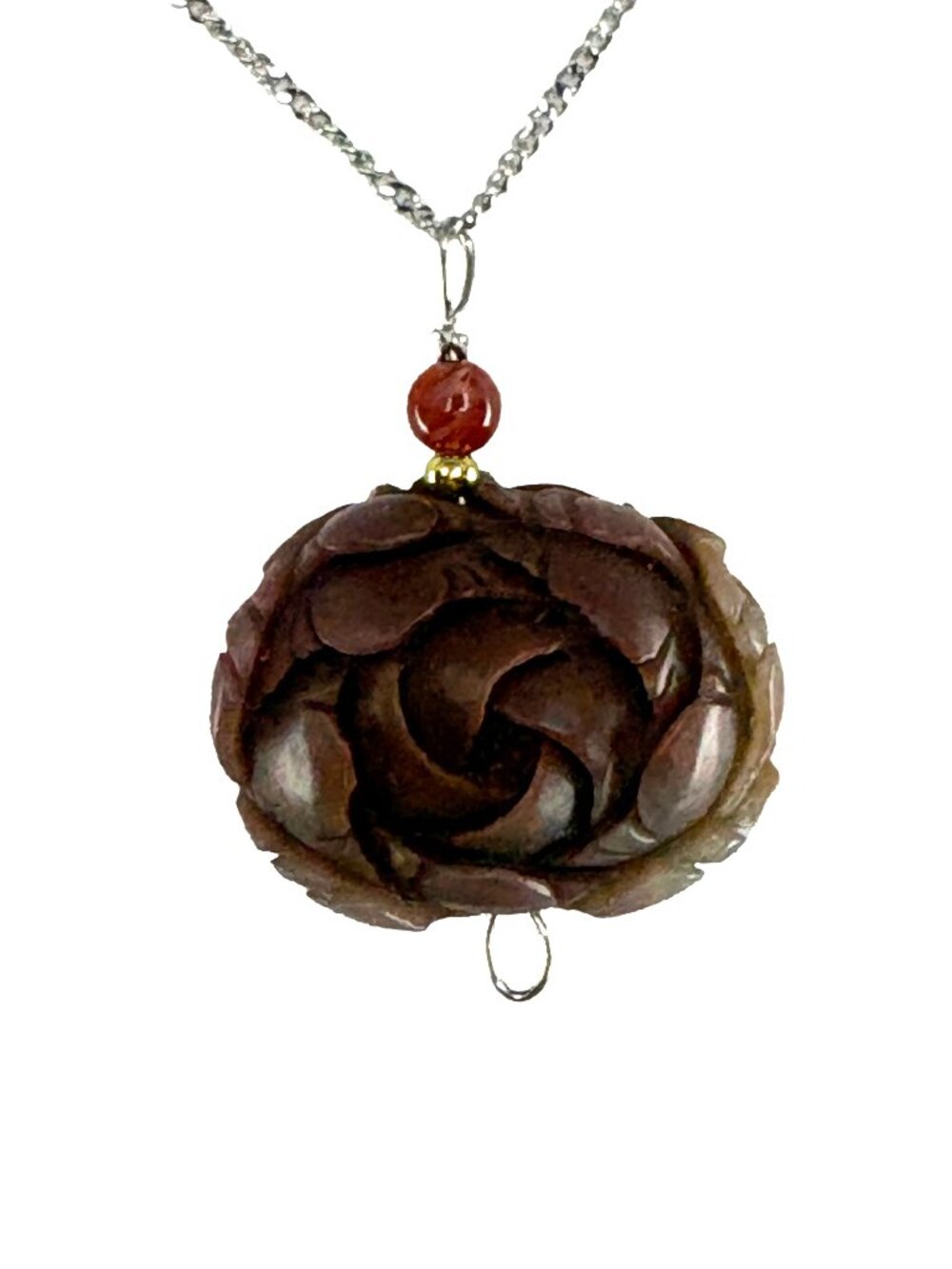 Natural Red Agate Peony Flower Pendant 13g Necklace 18" Stainless Steel FengShui
